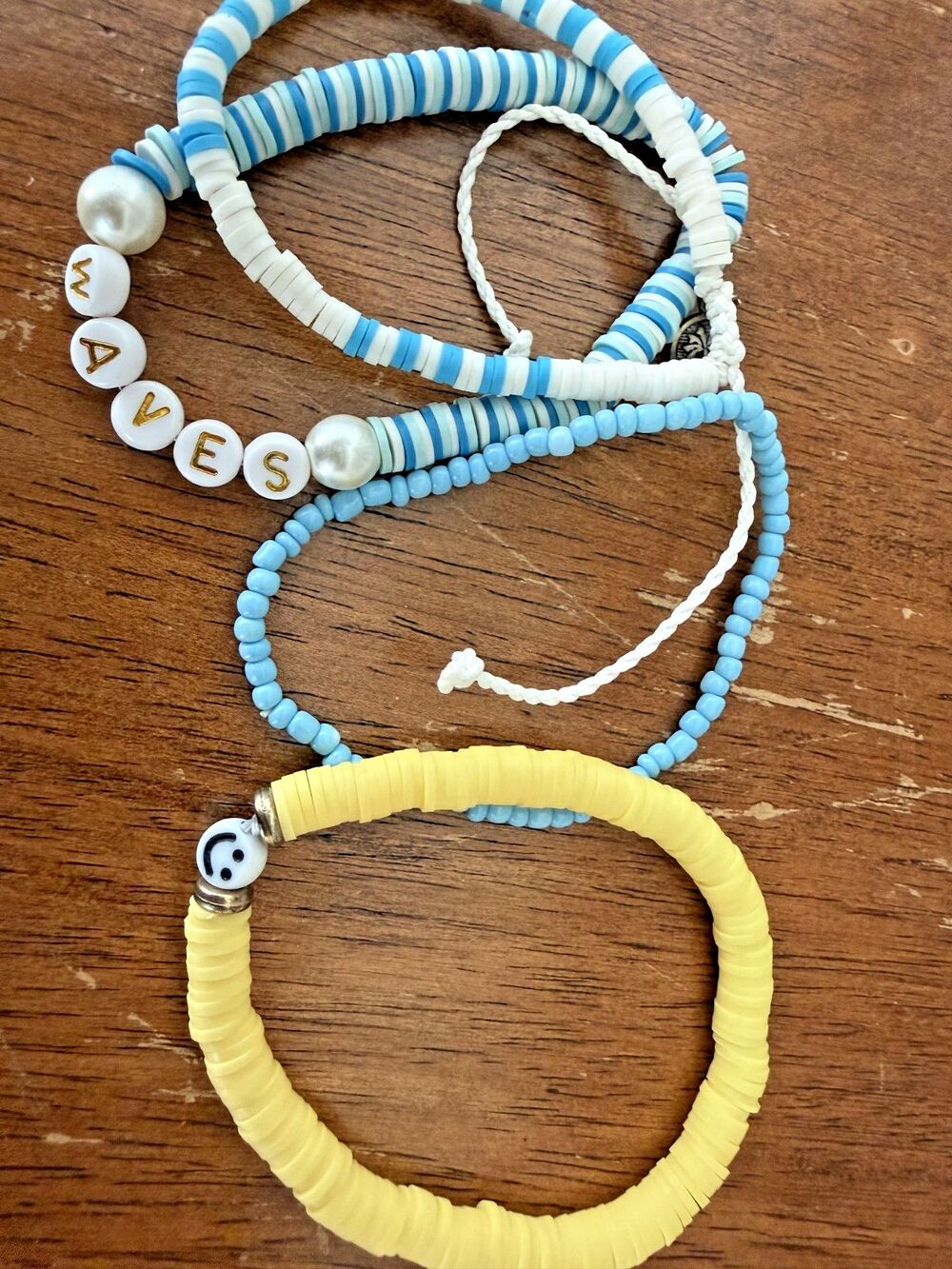 Coastal Beaded Bracelet LOT Blue White Yellow Heishi Waves Beach BOHO Set